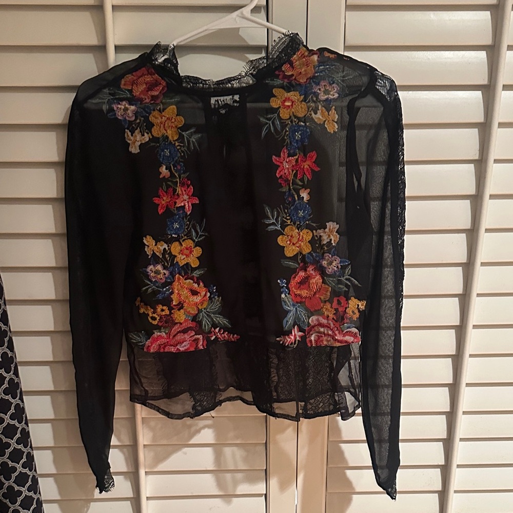 Miss Selfridge Black Sheer Top with Floral Embroidery
